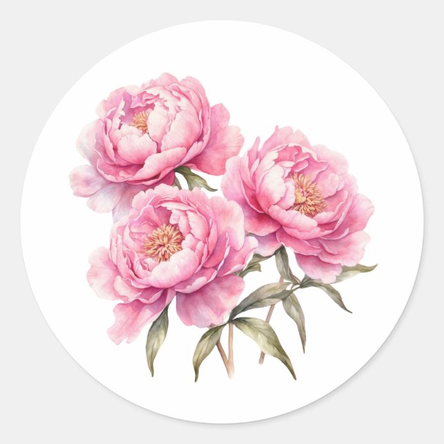 Watercolor Pink Peony Flowers Classic Round Sticker (Front)