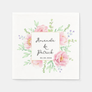 Watercolor Pink Peony Flowers Wedding Party Napkin