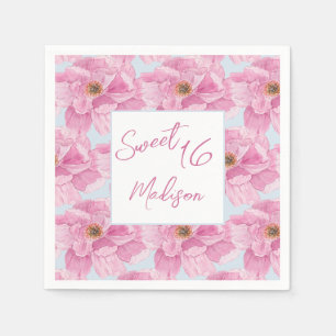 Watercolor Pink Peony Sweet 16 Party Napkin