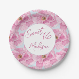 Watercolor Pink Peony Sweet 16 Party Paper Plate