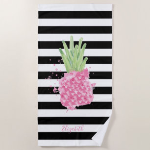 Watercolor Pink Pineapple, Black White Stripes  Beach Towel