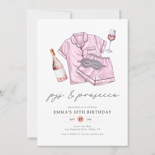 Watercolor Pink PJs & Prosecco Birthday Party Invitation (Front)
