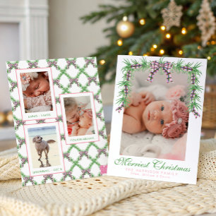 Watercolor Pink Plaid Bow Garland Swag Photo Holiday Card