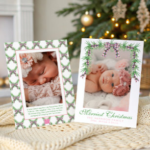 Watercolor Pink Plaid Bow Garland Swag Photo Holiday Card