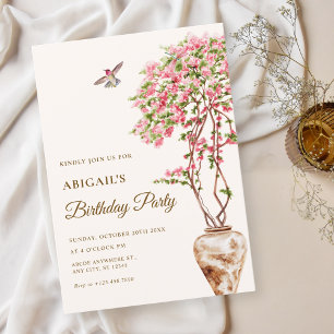 Watercolor pink plants garden birthday invitation