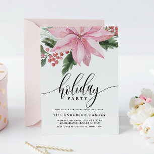Watercolor Pink Poinsettia and Holly Holiday Party Invitation