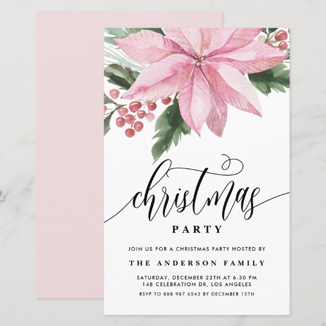 Watercolor Pink Poinsettia Christmas Invitation (Front/Back)