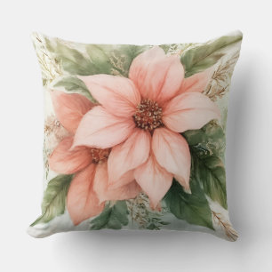 Watercolor Pink Poinsettia Christmas Throw Pillow