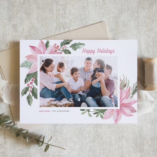 Watercolor Pink Poinsettia Happy Holidays Photo Holiday Card (Creator Uploaded)