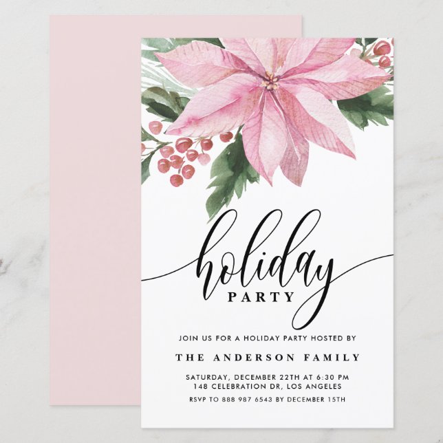 Watercolor Pink Poinsettia Holiday Invitation (Front/Back)
