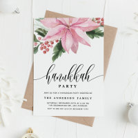 Watercolor Pink Poinsettia Holly Hanukkah Party