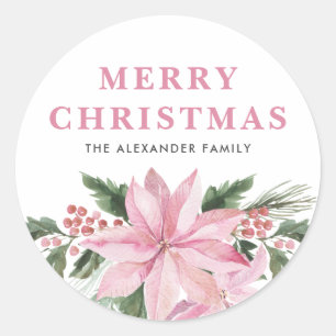 Watercolor Pink Poinsettia Merry Christmas Classic Round Sticker