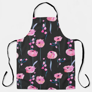 Watercolor pink poppies and floral branches seamle apron