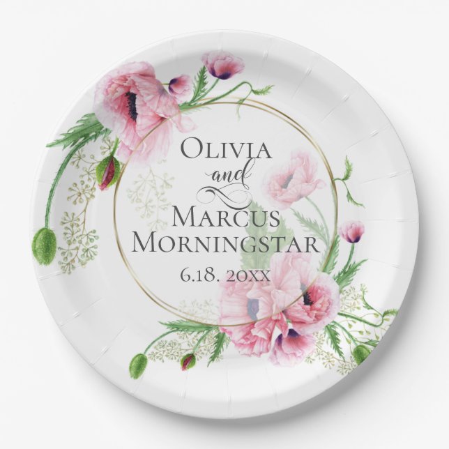 Watercolor Pink Poppies and Foliage Paper Plate (Front)