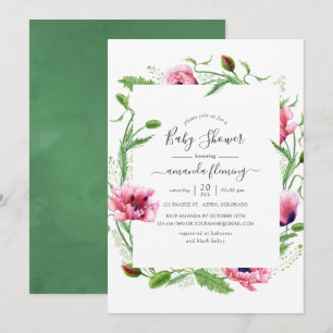 Watercolor Pink Poppies Baby Shower Invitation