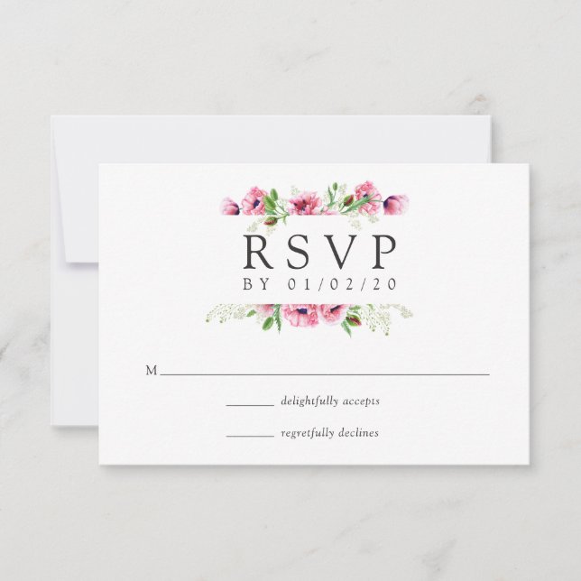 Watercolor Pink Poppies Wedding RSVP Card (Front)