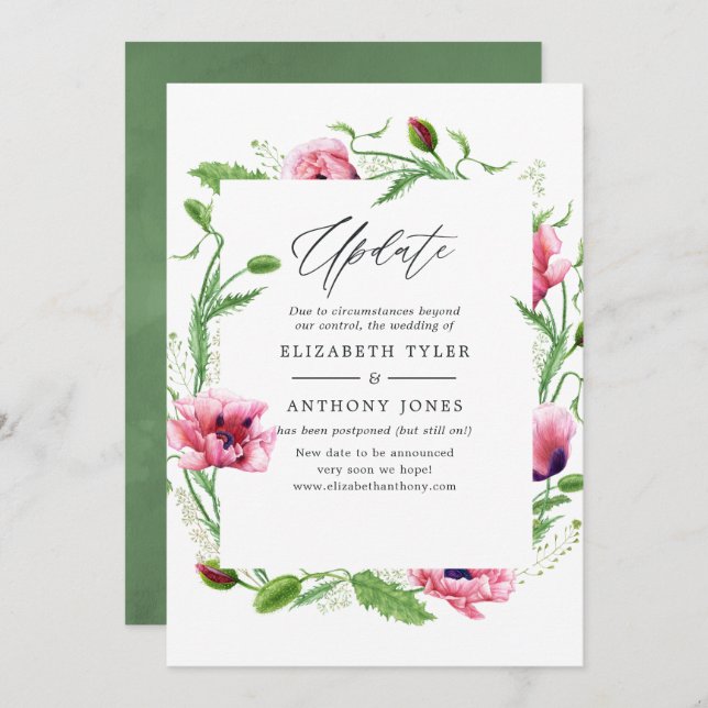Watercolor Pink Poppies Wedding Update Invitation (Front/Back)