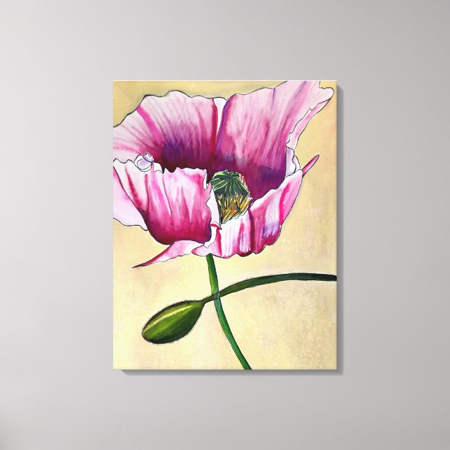 Watercolor pink poppy art flower canvas print (Front)