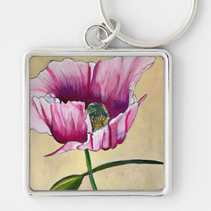 Watercolor pink poppy art flower keychain