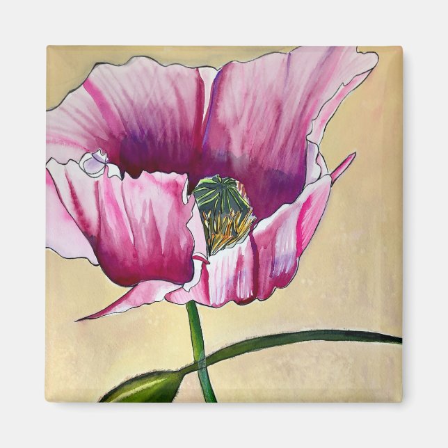 Watercolor pink poppy art flower magnet (Front)