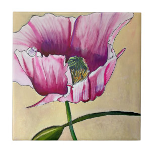 Watercolor pink poppy art flower tile