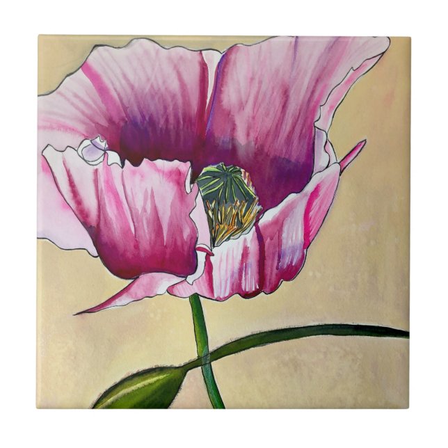 Watercolor pink poppy art flower tile (Front)