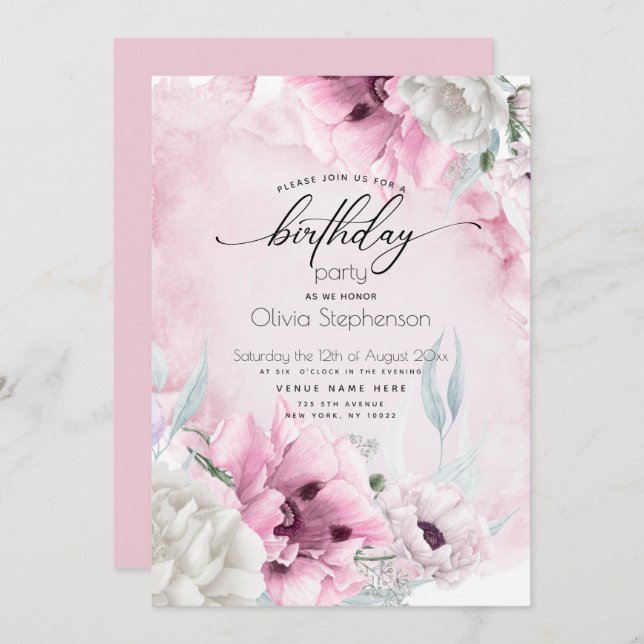 Watercolor Pink Poppy Birthday Party Invitation (Front/Back)