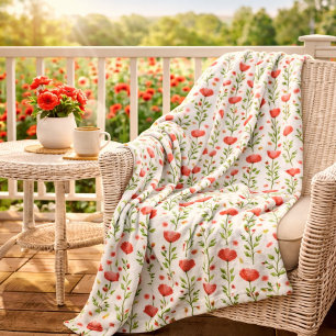 Watercolor Pink Poppy Floral  Fleece Blanket