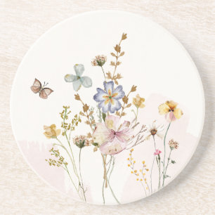 Watercolor Pink pressed & dried Wildflowers Coaster