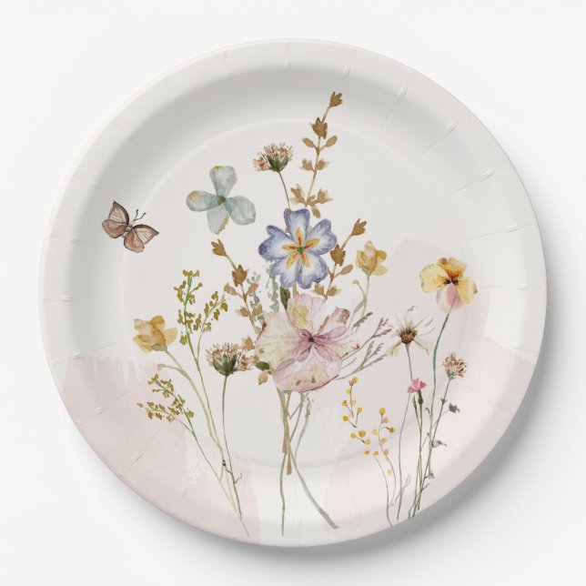 Watercolor Pink pressed & dried Wildflowers Paper Plate (Front)