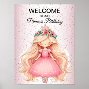 Watercolor Pink Princess Birthday Party Cute Poster