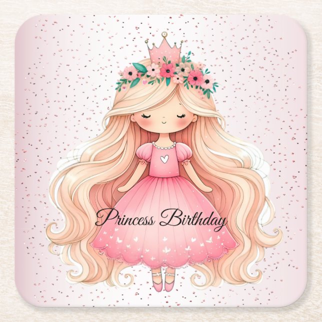 Watercolor Pink Princess Birthday Party Cute Square Paper Coaster (Front)