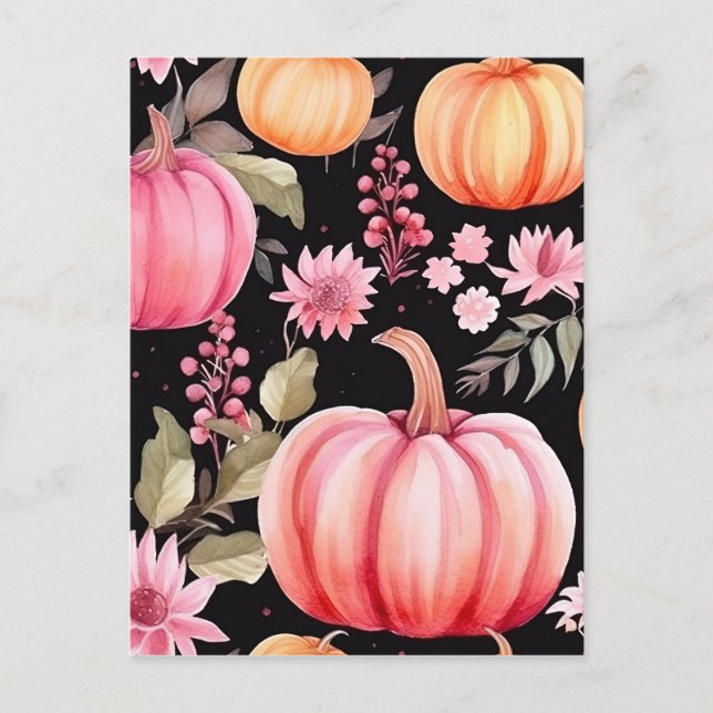 Watercolor Pink Pumpkin Floral Pattern Holiday Postcard (Front)