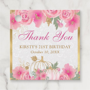 Watercolor Pink Pumpkin Flowers Gold Birthday Favour Tags