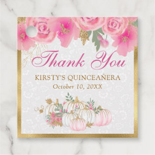 Watercolor Pink Pumpkin Flowers Gold Quinceanera Favour Tags