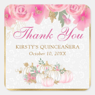 Watercolor Pink Pumpkin Flowers Gold Quinceanera Square Sticker