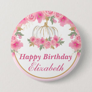 Watercolor Pink Pumpkin Gold Happy Birthday 3 Inch Round Button