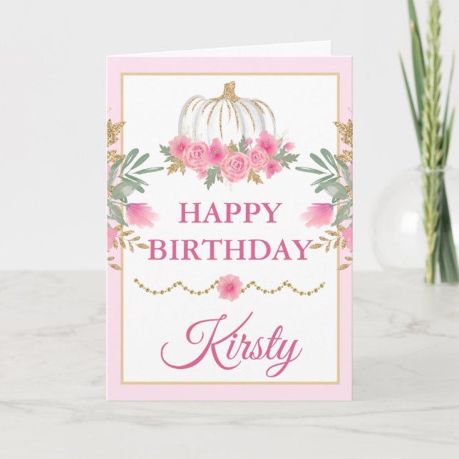 Watercolor Pink Pumpkin Gold Happy Birthday Card (Front)