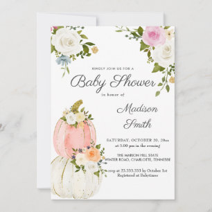 Watercolor Pink Pumpkins Roses Baby Shower Invitation