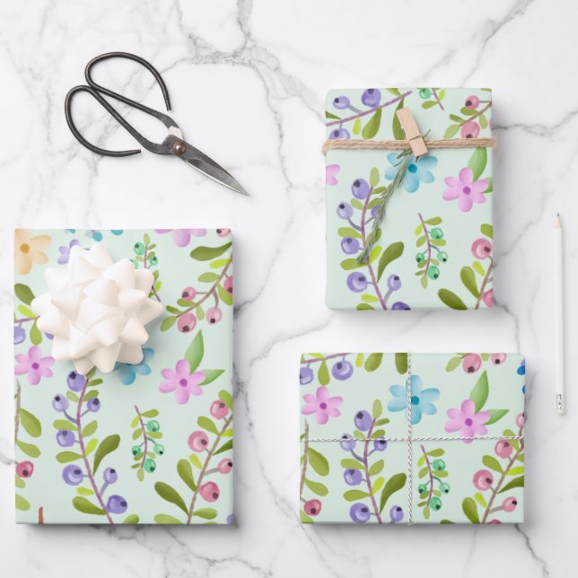 Watercolor Pink, Purple, Blue Small Flowers Wrapping Paper Sheet (Front)