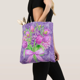 WATERCOLOR PINK & PURPLE EASTER FLOWERS TOTE BAG