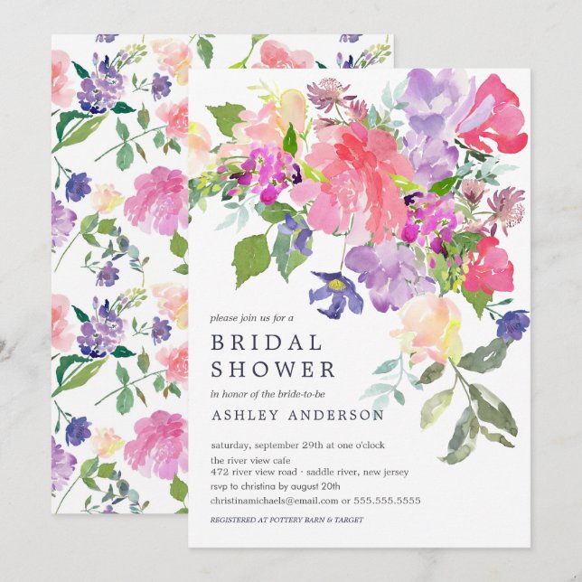 Watercolor Pink Purple Floral Bridal Shower Invitation (Front/Back)