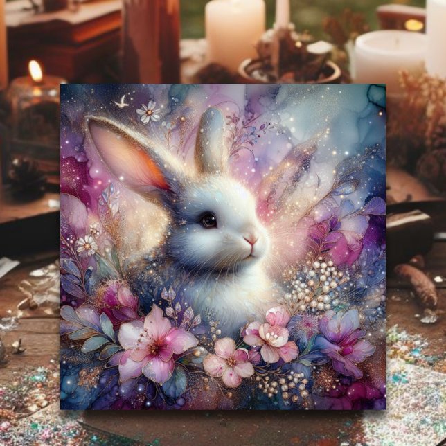 Watercolor Pink Purple Flowers Bunny Religious  Holiday Card (Creator Uploaded)