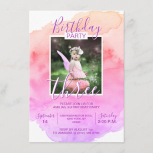 Watercolor Pink Purple Girl 3rd THREE YEAR Invitation