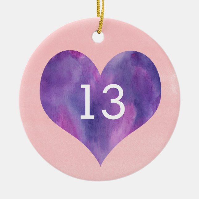 Watercolor Pink Purple Heart 13th Birthday  Ceramic Ornament (Front)