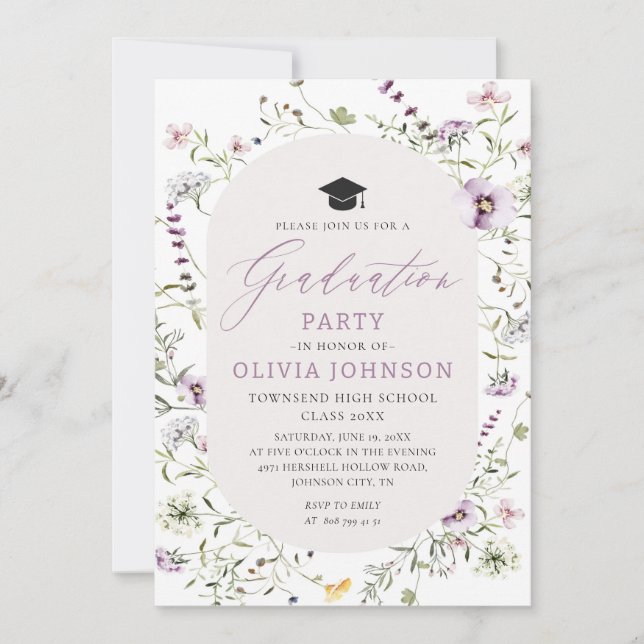 Watercolor Pink Purple Wildflower Graduation Invitation (Front)