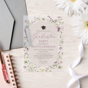 Watercolor Pink Purple Wildflower Graduation Vellum Invitations