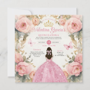 Watercolor Pink Quinceañera 15 Anos Flowers Crown Invitation