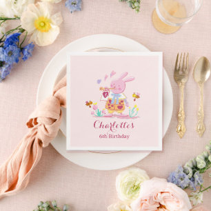 Watercolor pink rabbit in the garden kids birthday napkin