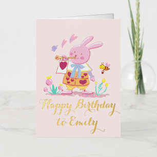 watercolor Pink Rabbit's Birthday Symphony Foil Greeting Card